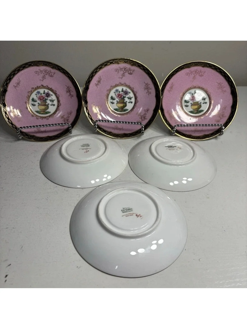 Copeland Spode Bone China Pink Gold Trim Cream Soup Bowl & Saucer set of 6